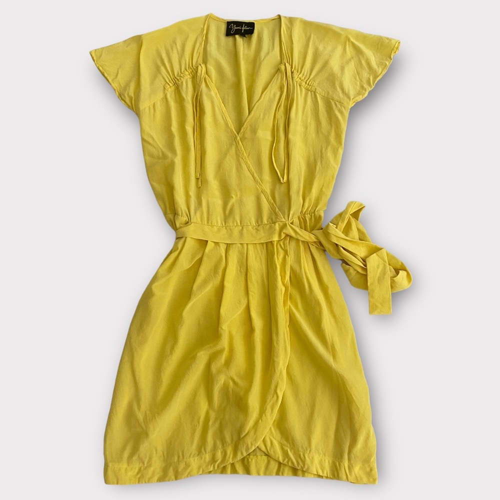 Yumi Kim Women’s Dress Size Small 100% Silk Faux Wrap Tie Waist Mini Yellow